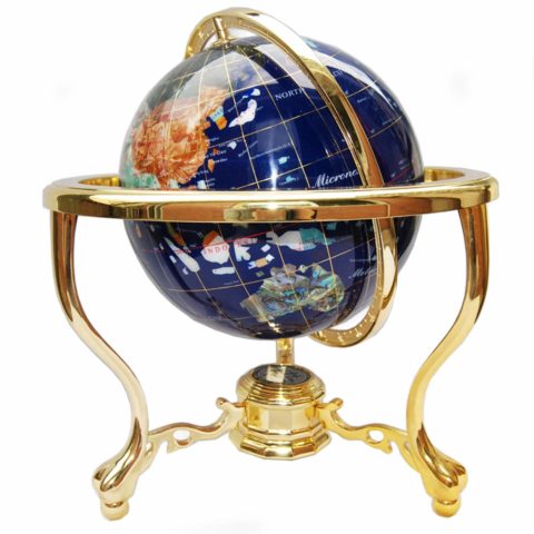Unique Art Since 1996 14" Tall Blue Lapis Ocean Gemstone Globe with Tripod Gold Stand