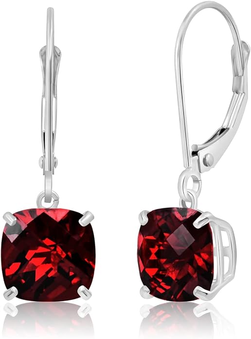 14k White Gold Cushion Cut Red Garnet Dangle Earrings for Women with 8mm January Birthstone by Parade of Jewels