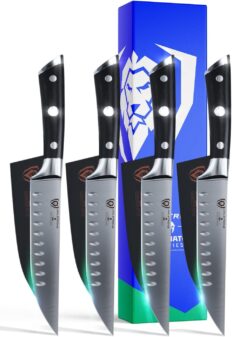 Dalstrong Steak Knife Set - 4-Piece - 5 inch Straight-Edge Blade - Gladiator Series Elite - Forged German High-Carbon Steel - Black G10 Handle - Sheaths - Dinner Set Kitchen Knives - NSF Certified