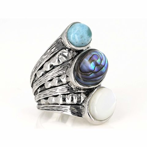 Abalone Shell, Larimar and White Mother-Of-Pearl, Rhodium Over Sterling Silver Ring