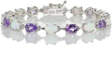 Ice Gems Sterlilng Silver Amethyst and Created White Opal 7x5mm Oval-Cut Tennis Bracelet