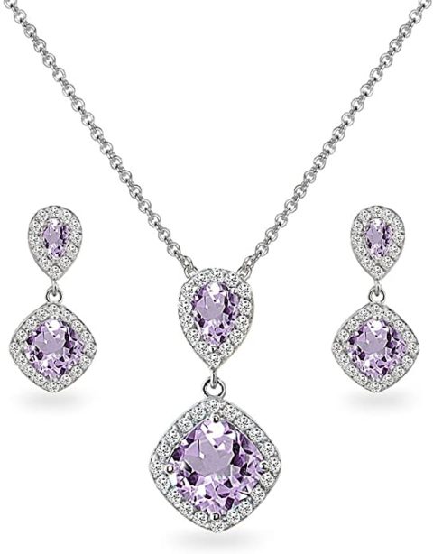 B. BRILLIANT Sterling Silver Amethyst & White Topaz Drop Dangle Earrings & Necklace Jewelry Set for Women Bridesmaids