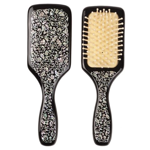 Antique Alive Mother of Pearl Inlay Art Arabesque Flower Luxury Rectangular Black Hair Brush Detangling Anti Static Scalp Massage Comb Wooden Handle Bristle Cushion Men Women Hairbrush