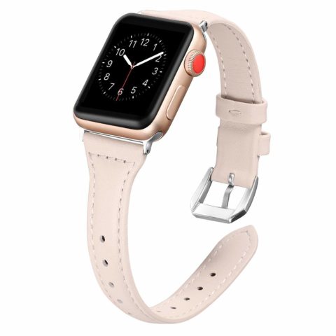 Secbolt Leather Bands Compatible with Apple Watch Band 38mm 40mm Iwatch SE Series 6 5 4 3 2 1 Slim Replacement Wristband Strap Stainless Steel Buckle, Beige