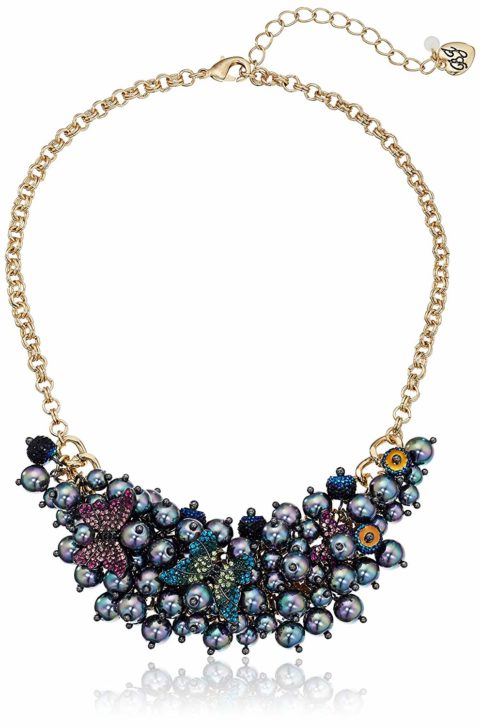 Betsey Johnson "You Give Me Butterflies" Shaky Pave Butterfly and Pearl Bib Necklace, 16" + 3" Extender