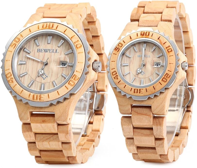 BEWELL ZS-100B Wooden Watch Quartz Movement Couple Watches Date Display His and Hers Wristwatches Set