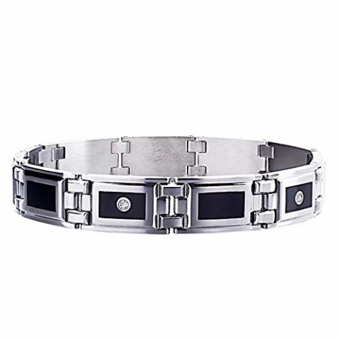 STEL Stainless Steel Black Enamel Inlay and .12ct tw Diamond Bracelet 8 1/2"