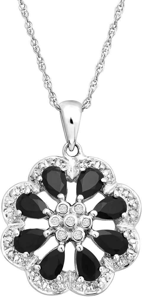 7/8 ct Natural Onyx Flower Pendant Necklace with Diamonds in Sterling Silver