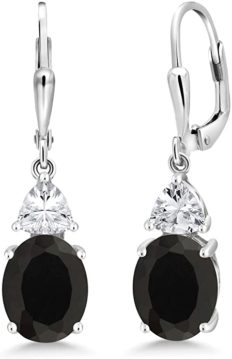 Gem Stone King 925 Sterling Silver Black Onyx Dangle Earrings For Women (5.00 Cttw, Gemstone Birthstone, Trillion 5MM, Oval 10X8MM)