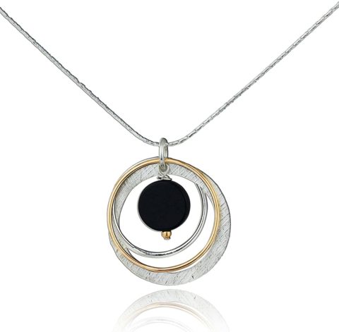 925 Sterling Silver & 14k Gold Filled Black Onyx Multi Hoops Pendant Necklace, 18" + 4" Extender