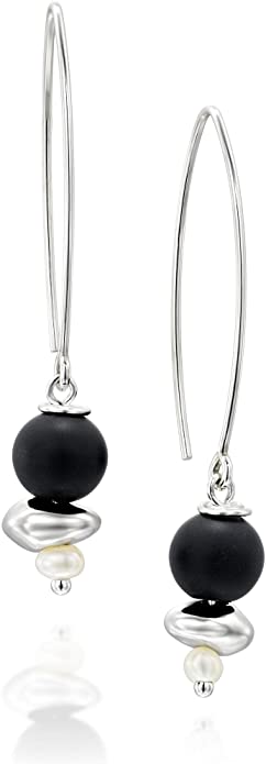 925 Sterling Silver Black Onyx Gemstone & Cultured Pearls Long Wire Threader Earrings