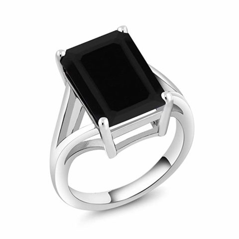Gem Stone King 925 Sterling Silver Black Onyx Solitaire Ring 6.60 Ct Gemstone Birthstone, 14x10mm Emerald Cut (Available 5,6,7,8,9)