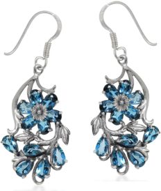 Silvershake Genuine London Blue Topaz 925 Sterling Silver Flower Leaf Dangle Hook Earrings