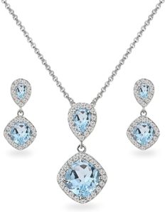 B. BRILLIANT Sterling Silver Blue Topaz & White Topaz Drop Dangle Earrings & Necklace Jewelry Set for Women Bridesmaids