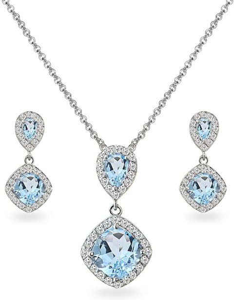 B. BRILLIANT Sterling Silver Blue Topaz & White Topaz Drop Dangle Earrings & Necklace Jewelry Set for Women Bridesmaids