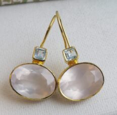 Blue Topaz and Rose Quartz Drop Earrings - Gemstone Jewelry Gift Ideas for Women - Gold Plated Silver Ear Wires
