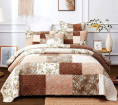DaDa Bedding Vintage Muted Dusty Tea Rose Cotton Patchwork Bedspread - Soothing Corduroy Bohemian Mauve Pink & Chocolate Brown Floral - Soft Quilted Coverlet Set - King - 3-Pieces