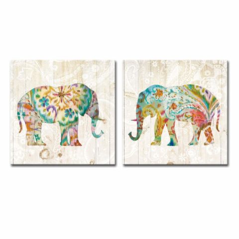DekHome 2 Panels Elephant Canvas Wall Art Boho Paisley Elephant Prints Colorful Animal Pictures Abstract Wildlife Artwork for Bedroom Living Room Decor Framed Ready to Hang