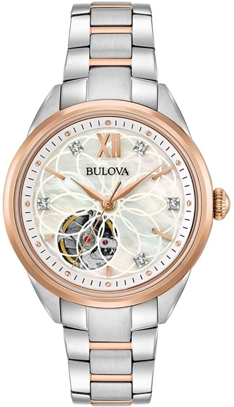 Bulova Ladies' Sutton Two-Tone Rose Gold 3-Hand Automatic, Open Aperture and White Mother-of-Pearl Dial with Diamonds Style: 98P170