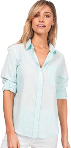 CAMIXA Womens Linen Shirts Blouses Work Casual Tops Loose Button Down XS Celeste