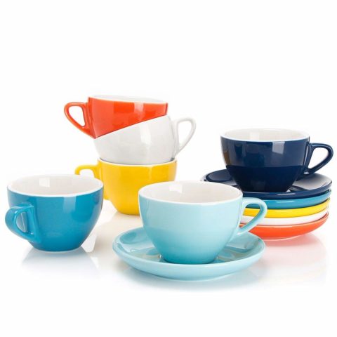Sweese 403.002 Porcelain Cappuccino Cups with Saucers - 6 Ounce for Specialty Coffee Drinks, Latte, Cafe Mocha and Tea - Set of 6, Hot Assorted Colors