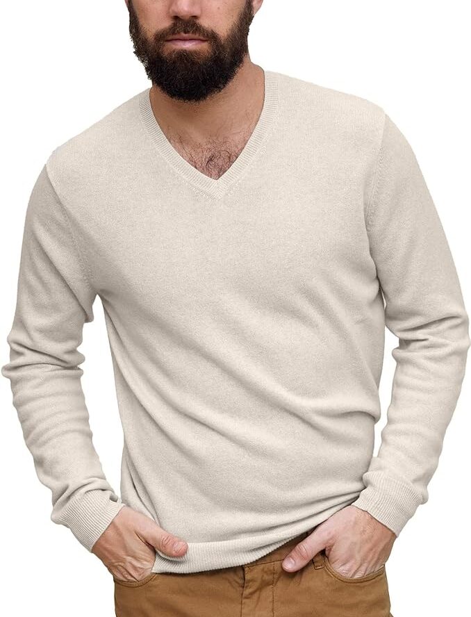 State Cashmere Essential V-Neck Sweater - Long Sleeve Pullover for Men Made with 100% Pure Cashmere Sourced from Inner Mongolia Goats - Soft, Lightweight & Versatile - (Undyed White, X-Large)