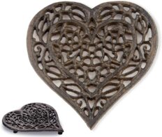 Cast Iron Heart Trivet | Decorative Cast Iron Trivet for Kitchen Countertop Or Dining Table | Vintage Design | 6.75X6.5 | with Rubber Pegs/Feet - Recycled Metal | Rustic Brown Color