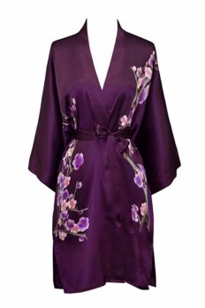 Kim+ONO Women's Silk Kimono Robe Short - Handpainted Cherry Blossom - Plum (Purple)