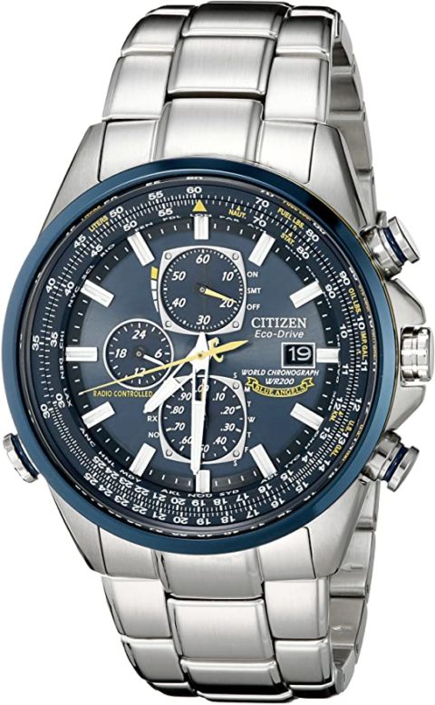 Citizen Men\'s Eco-Drive Sport Luxury World Chronograph Atomic Time Keeping Watch in Stainless Steel, Blue Dial (Model: AT8020-54L)