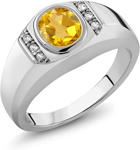 Gem Stone King Men's 925 Sterling Silver Oval Yellow Citrine and White Created Sapphire Ring (1.16 Cttw, Available 7,8,9,10,11,12,13)