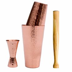 Prince of Scots Hammered Solid Copper Cocktail Shaker Set with muddler and jigger.