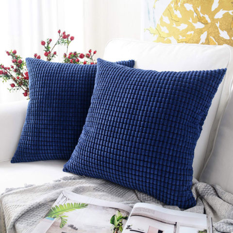 MERNETTE Pack of 2, Corduroy Soft Decorative Square Throw Pillow Cover Cushion Covers Pillowcase, Home Decor Decorations for Sofa Couch Bed Chair 20x20 Inch/50x50 cm (Granules Dark Blue)