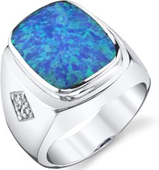 Peora Men's Created Blue Fire Opal Knight Signet Ring 925 Sterling Silver, Large 15x12mm Cushion Cut, Size 10