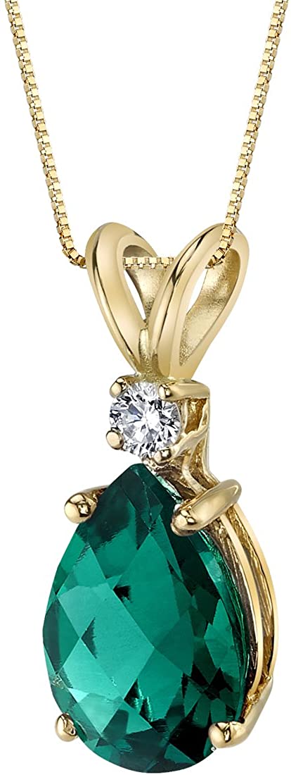 Peora Created Emerald with Genuine Diamond Pendant in 14K Yellow Gold, Elegant Teardrop Solitaire, Pear Shape, 10x7mm, 1.75 Carats total