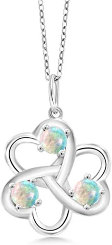 Gem Stone King 925 Sterling Silver White Simulated Opal 3 Hearts Interlock Pendant Necklace For Women (0.75 Ct Round Cabochon With 18 Inch Silver Chain)