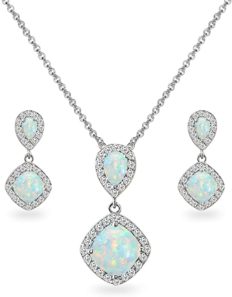 B. BRILLIANT Sterling Silver Synthetic Opal & White Topaz Drop Dangle Earrings & Necklace Jewelry Set for Women