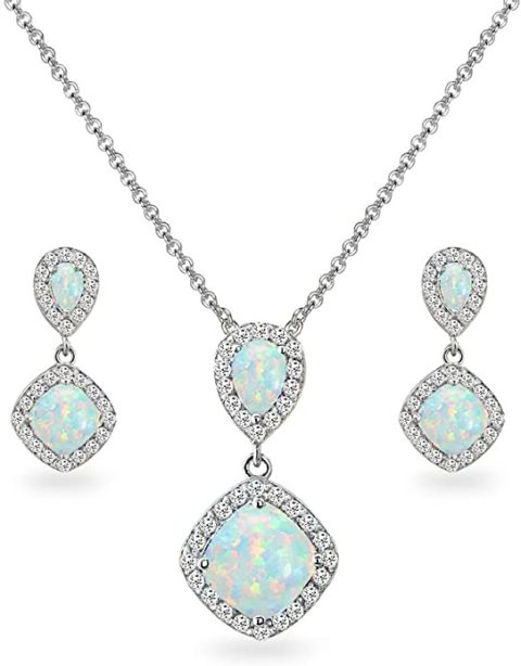 Sterling Silver Synthetic Opal & White Topaz Dangle Earrings & Necklace Set