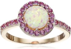 14k Rose Gold Plated Sterling Silver Created Pink Opal and Created Pink Sapphire Halo Ring, Size 7