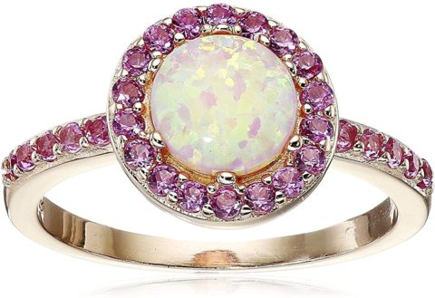 14K Rose Gold Plated Sterling Silver Created Pink Opal and Created Pink Sapphire Halo Ring, Size 7
