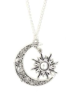 Magic Metal Crescent Moon and Sun Necklace Vintage Silver Tone Lunar Filigree Pendant NQ44 Fashion Jewelry