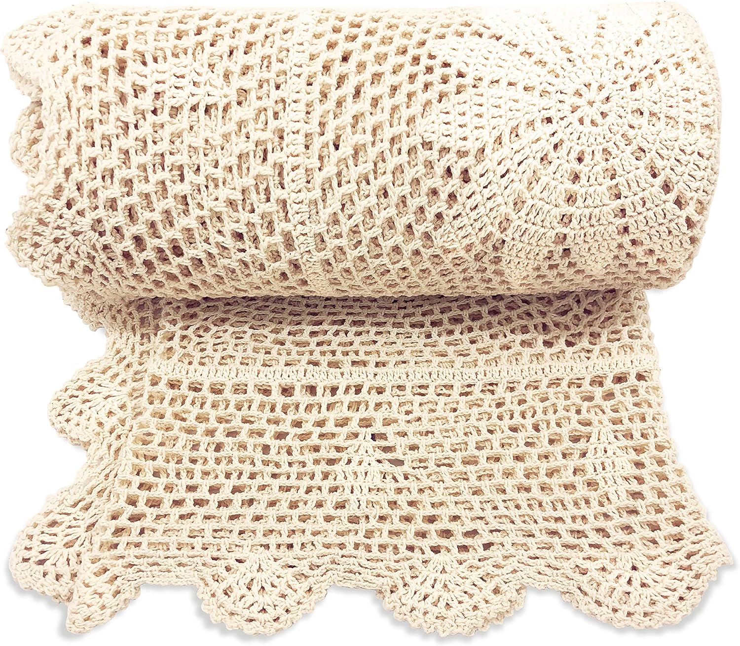 Zenviro Boho Throw Blanket, 50"x60", 100% Hand Knitted Crochet Throw Blankets,100% Cotton Knit Beige Throw, Decorative, Vintage Lace Blanket, Boho Decor, Photo Prop, Lightweight