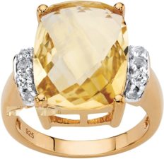 14K Yellow Gold over Sterling Silver Cushion Cut Genuine Yellow Citrine and Round Genuine Topaz Ring