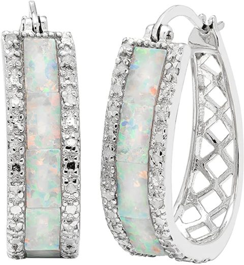 JewelExclusive Sterling Silver1/4cttw Natural Round-Cut Diamond (J-K Color, I2-I3 Clarity) Lab Opal U Hoop Click Top Earring