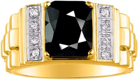 RYLOS Mens Rings Yellow Gold Plated Silver Designer Style 10X8MM Emerald Cut Shape Gemstone & Genuine Diamonds Onyx October Birthstone Rings For Men, Men's Rings, Silver Rings, Sizes 8,9,10,11,12,13