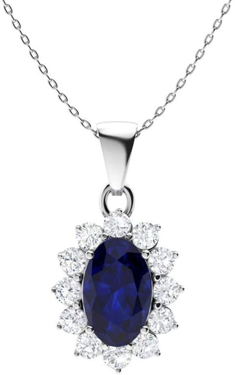 Diamondere Natural and Certified Oval Blue Sapphire and Diamond Petite Necklace in 14k White Gold | 0.28 Carat Pendant with Chain