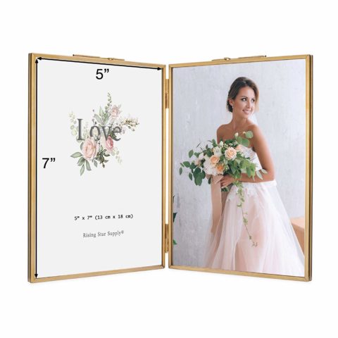 Rising Star Brass Frame, Double 5x7 Folding Picture Frames, Gold Metal Pressed Glass Photo Frame