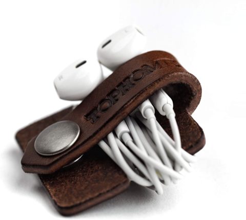 TOPHOME Cord Organizer Earbud Holder Earphones Headphones Winder Keeper Earbuds Case Storage Wrap Headset Genuine Leather Cable Organizer, Brown