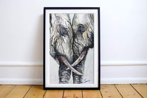 Two Elephants Watercolor Painting Wall Art Print Animal Home Decor Wildlife Artwork Gift for Her Signed Dated Artist Eric Sweet