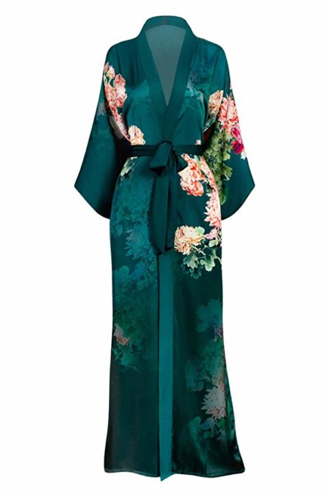 Women's Charmeuse Kimono Robe Long - Watercolor Floral - Coral Chrysanthemum- Emerald (Green)