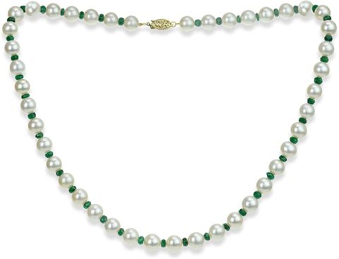 Emerald Green Gemstone Necklace Freshwater Cultured White Pearl Necklace 14K Yellow Gold Jewelry